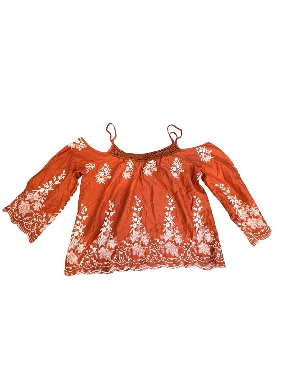 Rust Orange Embroidered Cold Shoulder Boho Top Size Large Bell Sleeve Floral - Picture 3 of 3